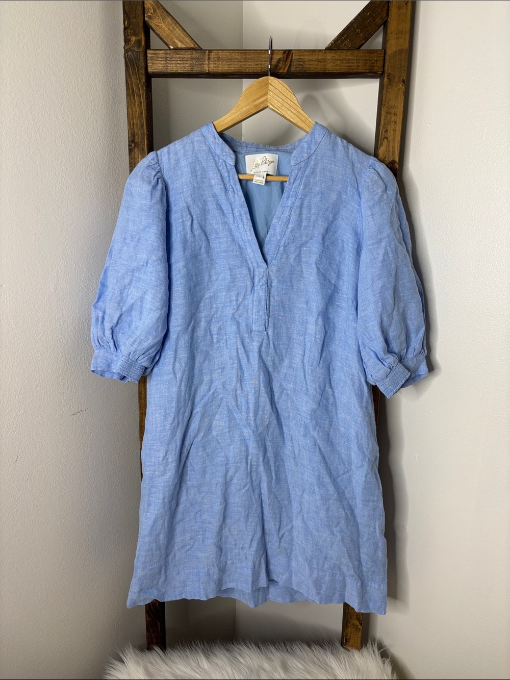 Lilly Pulitzer Lagoon Linen Sky Blue Puff-Sleeve Mini Dress Size 6